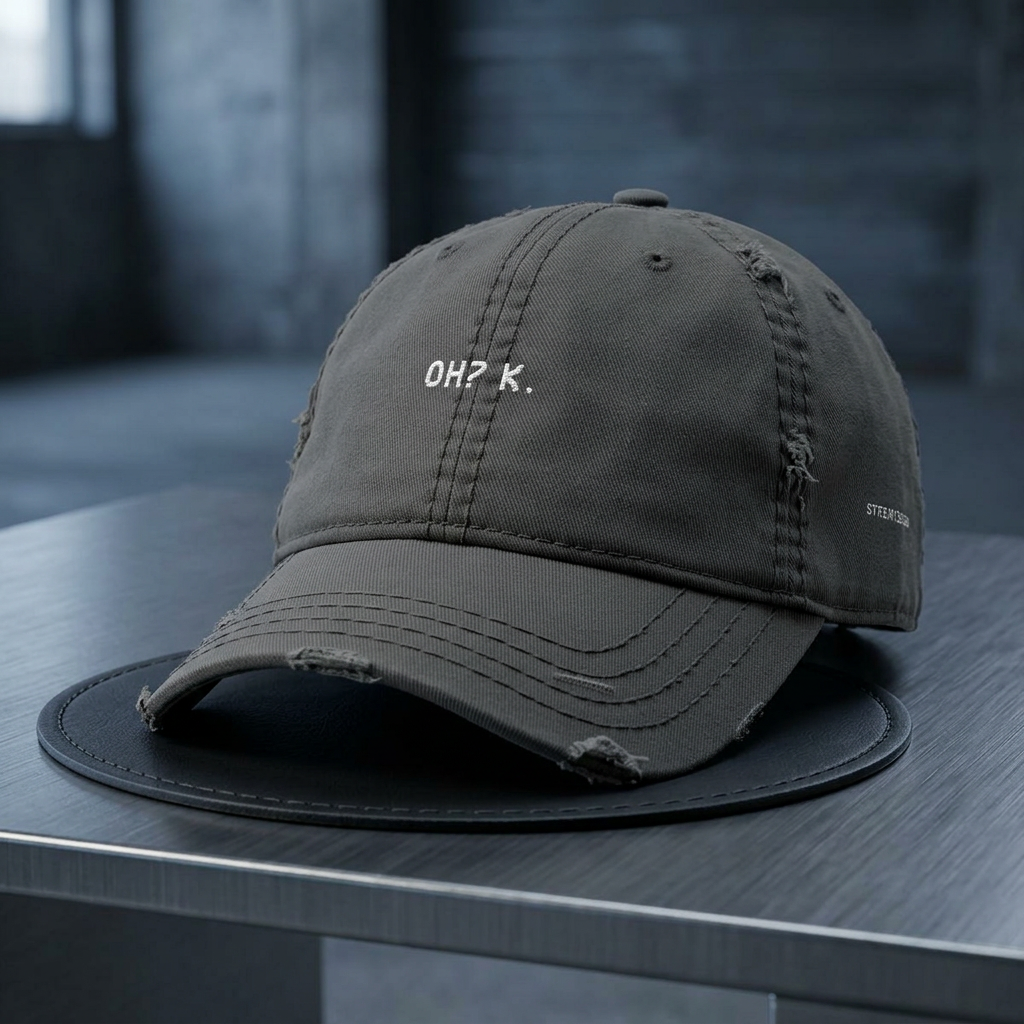 Distressed Embroidered Daddy Hat — 'OH? K.' Minimal Vintage Cap