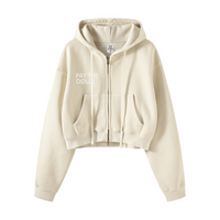 400GSM Vintage Washed Fleece Zip Up Crop Sweatshirt for Women Gray Apricot