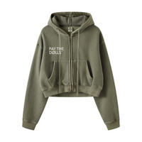 400GSM Vintage Washed Fleece Zip Up Crop Sweatshirt for Women Coffee Color
