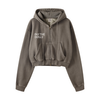 400GSM Vintage Washed Fleece Zip Up Crop Sweatshirt for Women Coffee