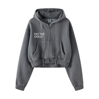 400GSM Vintage Washed Fleece Zip Up Crop Sweatshirt for Women Dark Gray