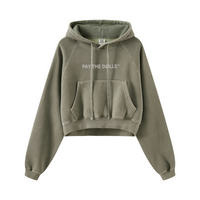 400GSM Washed Fleece Raglan Crop Hoodie for Women Gray Green