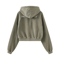 400GSM Washed Fleece Raglan Crop Hoodie for Women Gray Green